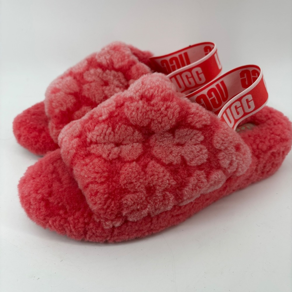 UGG Fluff Yeah Slide Pink Hibiscus Sheepskin Logo Strap Slippers 1098459 Womens8